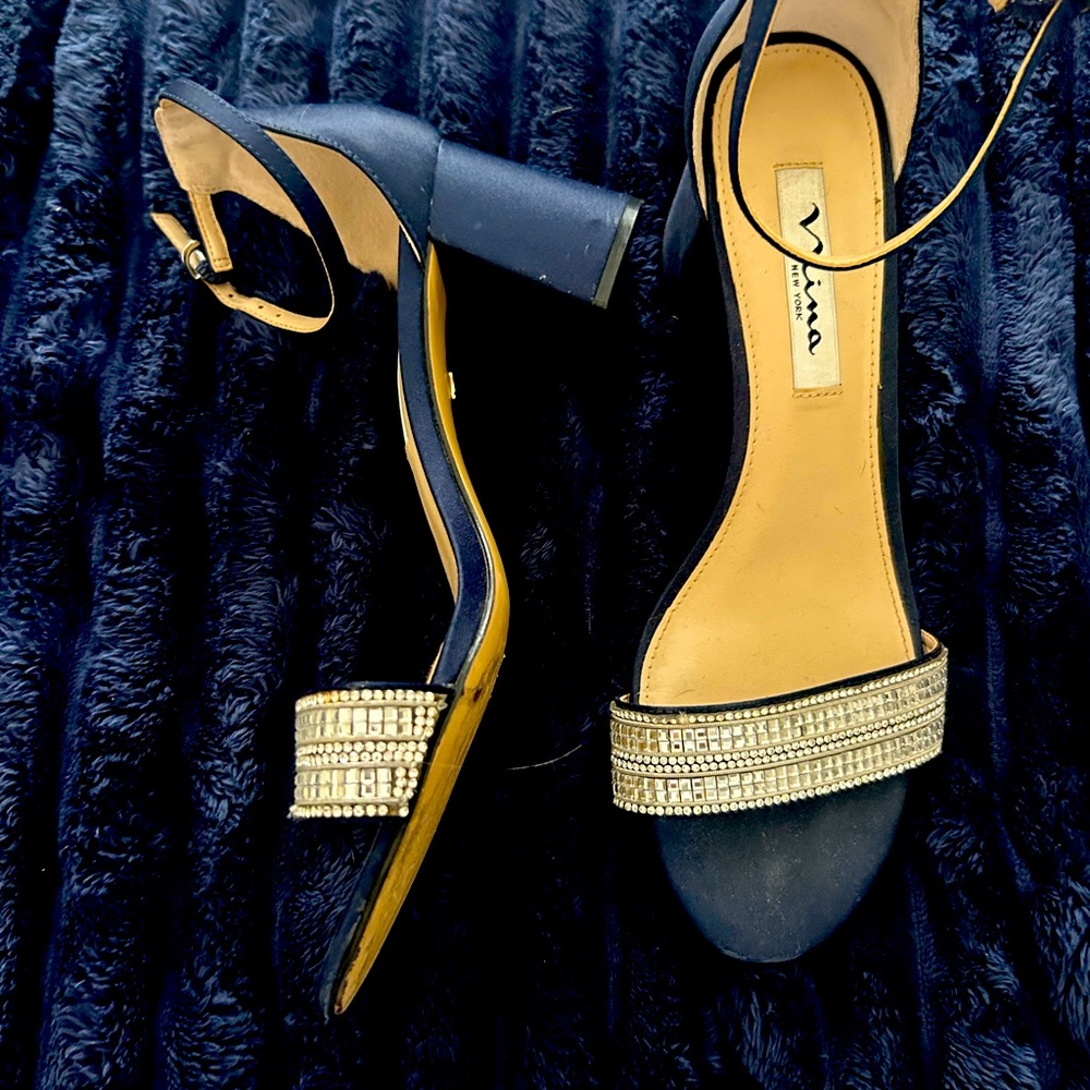 Navy Satin/rhinestone heeled sandals size 8